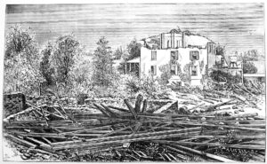 Seminary buildings of Richard Darlington Jr. at Ercildoun after the tornado of July 1, 1877. From Darlington (1877). Public domain.
